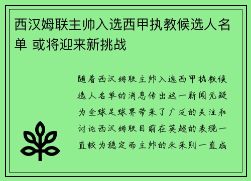 西汉姆联主帅入选西甲执教候选人名单 或将迎来新挑战 西汉姆联主帅入选西甲执教候选人名单 或将迎来新挑战