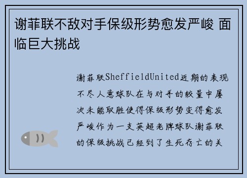 谢菲联不敌对手保级形势愈发严峻 面临巨大挑战 谢菲联不敌对手保级形势愈发严峻 面临巨大挑战