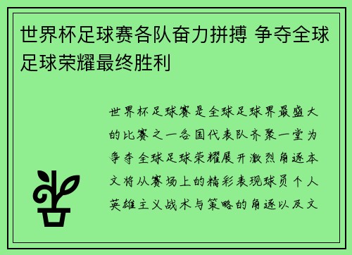 世界杯足球赛各队奋力拼搏 争夺全球足球荣耀最终胜利 世界杯足球赛各队奋力拼搏 争夺全球足球荣耀最终胜利