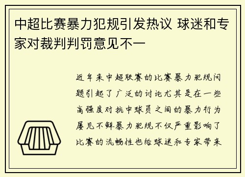 中超比赛暴力犯规引发热议 球迷和专家对裁判判罚意见不一 中超比赛暴力犯规引发热议 球迷和专家对裁判判罚意见不一